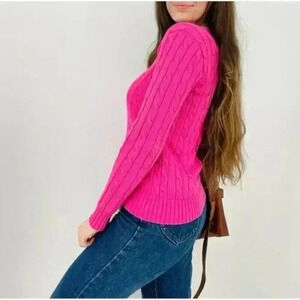 Ralph Lauren Sport Women M Pink Cable-knit Cotton V Neck Preppy Logo Barbiecore